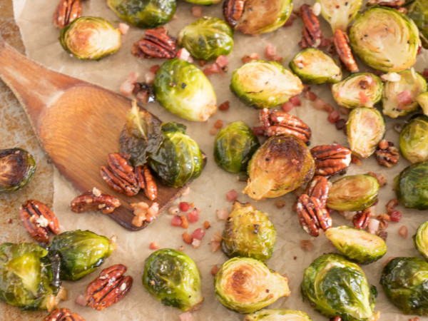 Pancetta-Infused Brussels Sprouts with Sugary Pecans