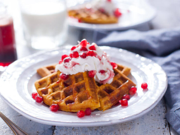Waffles Made with Sweet Potatoes and Cranberry Maple Syrup
