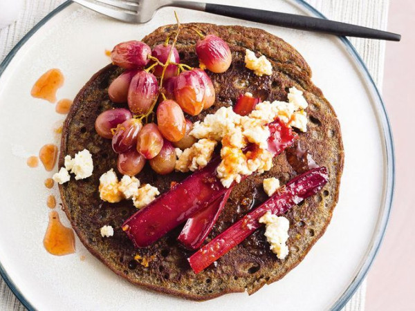 Oatmeal Pancakes with Rhubarb