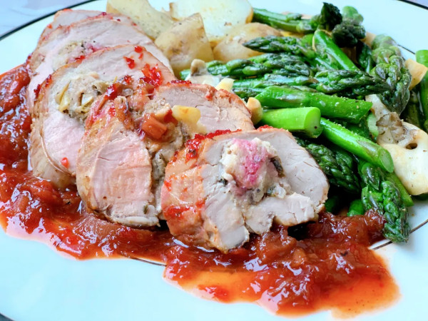 Bone-In Pork Loin with Apple and Rhubarb Glaze