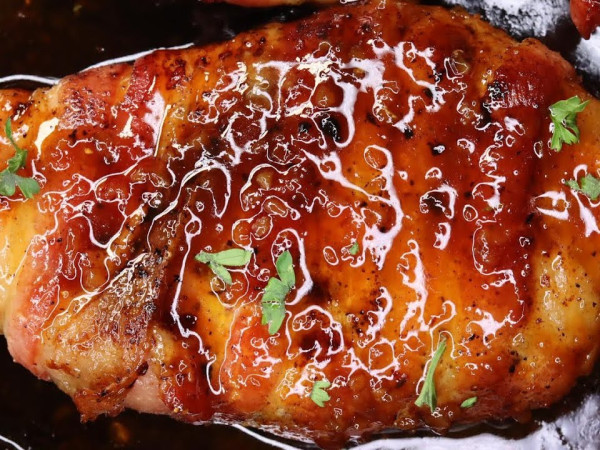 Zesty Sauce on Bacon-Wrapped Pork Chops