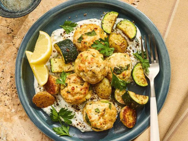 Zucchini Turkey Meatballs Accompanied by Roasted Pepper Dipping Sauce