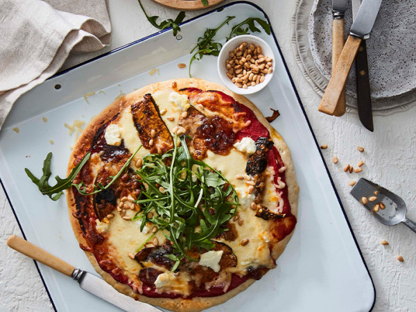Caramelized Onion and Fontina Pizza with Pumpkin Hummus
