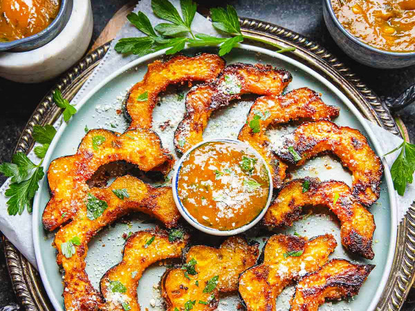 Roasted Acorn Squash Served with Crawfish Bisque