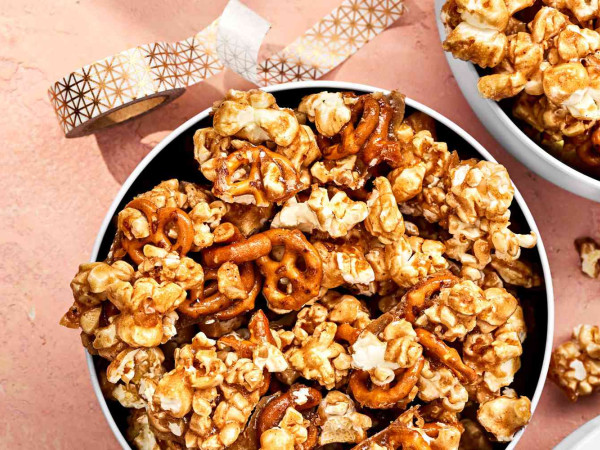 Popcorn with Caramel, Pretzels, and Nuts