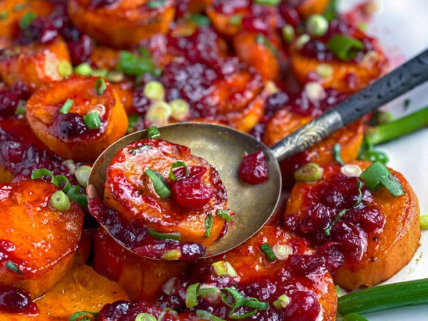 Oven-Baked Sweet Potatoes with Maple and Cranberries