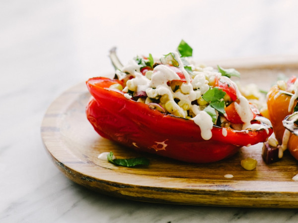 Bell Peppers Filled with Mexican and Greek Ingredients