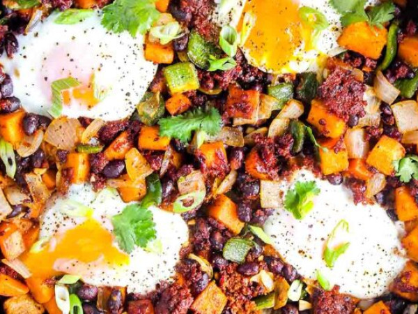 Hearty Breakfast Bowls featuring Sweet Potatoes, Black Beans, and Chorizo