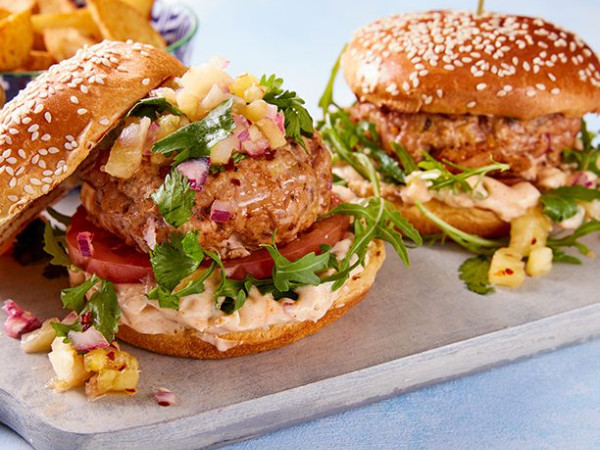 Pork Burgers with Grilled Pineapple Salsa