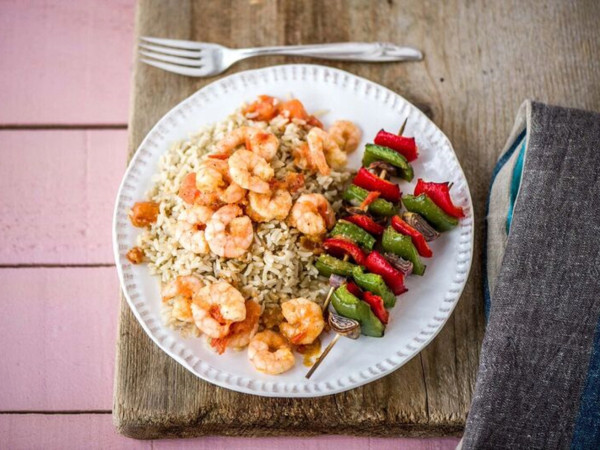 Shrimp in Lemon Garlic Sauce with Roasted Brussels Sprouts and Brown Rice