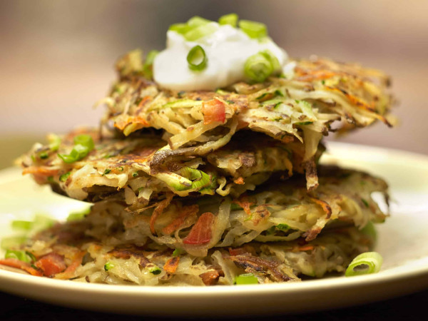 Rainbow-Style Potato Pancakes with Eggs and Harissa