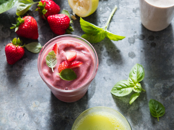 Milkshake with Strawberries and Basil