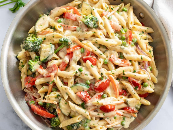 Pasta Primavera with Chicken and Sausage in a Creamy Sauce