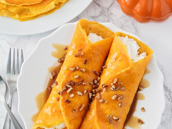 Pumpkin-Filled Crepes with a Fontina Cheese Drizzle