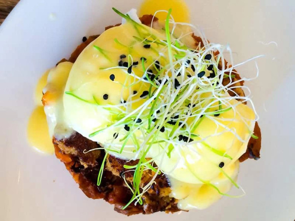 Eggs Benedict with Flavorful Bacon and Crab Bread Pudding