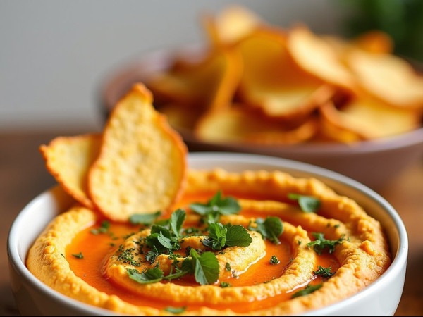 Creamy Red Pepper-Cauliflower Hummus with Crispy Plantain Chips