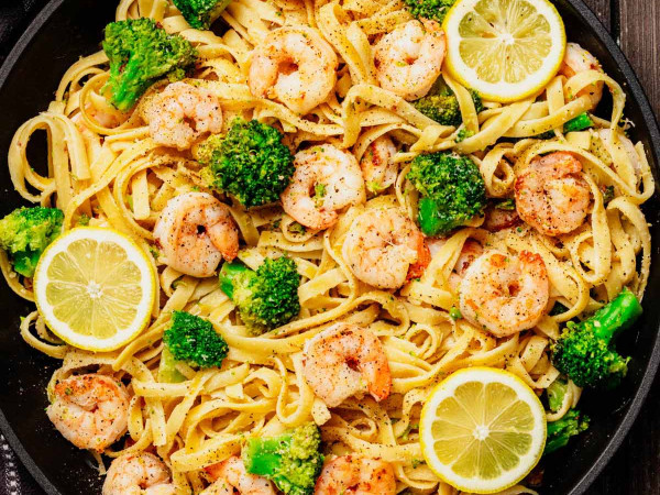 Low-Carb Shrimp Scampi over Broccoli Noodles