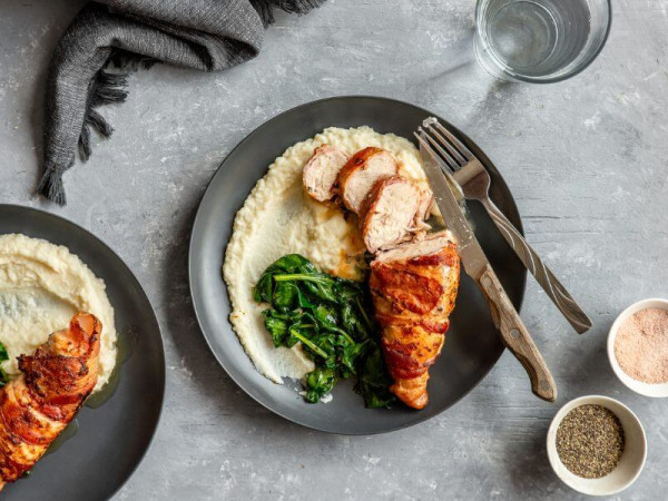 Herbed Cauliflower Rice Topped with Pecans and Sweet Bacon-Wrapped Chicken