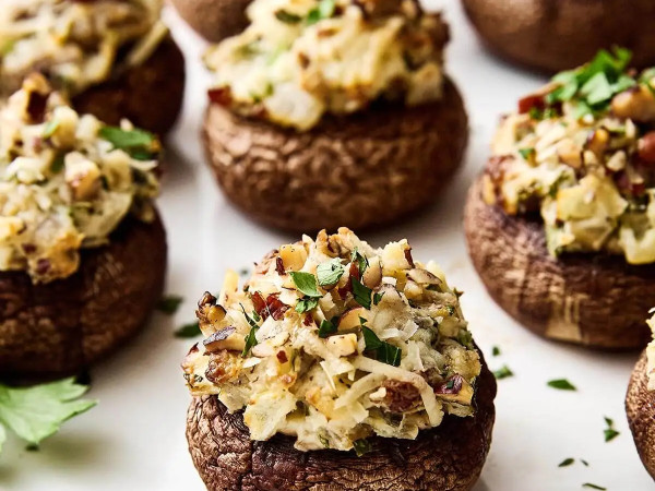 Fried Mushrooms Topped with Feta Cheese Dressing