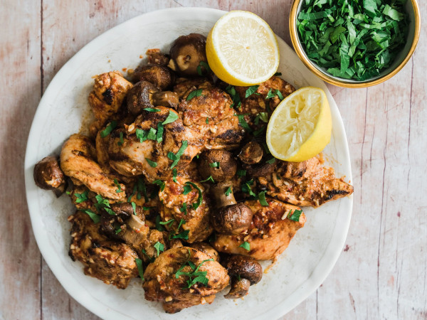 Baked Chicken Thighs with Lemon and Mushroom Sauce