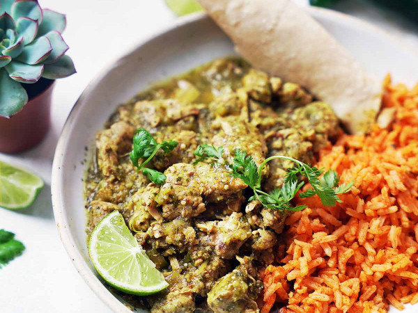 Salsa Verde Pork and Rice Cooked in a Pressure Cooker