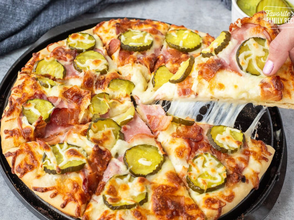 Savory Pizza Topped with Garlic, Bacon, and Pickles