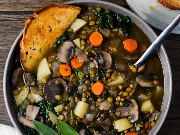 Savory Potato Soup with Mushrooms and Lentils