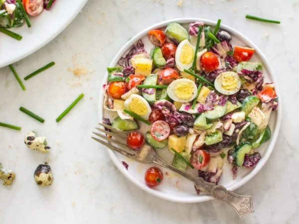 Sorghum and Quail Egg Salad with Avocado, Kumato®, and Buffalo Mozzarella