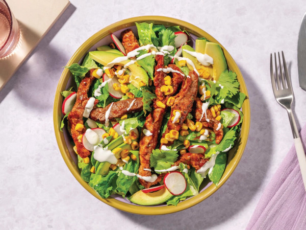 Avocado Cilantro Dressing over a Tex-Mex Beef Bowl