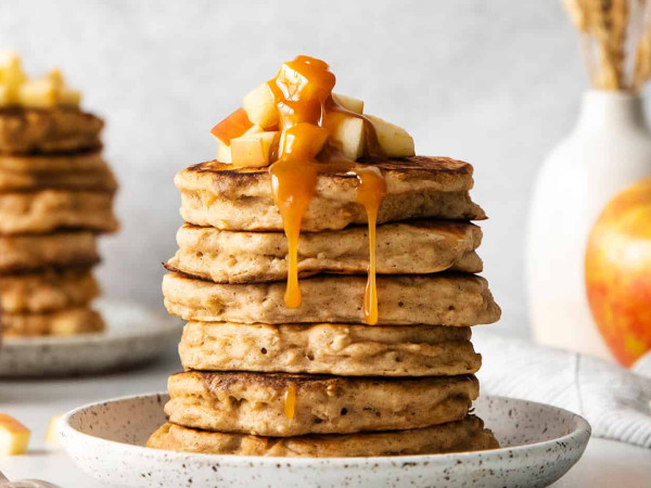 Fluffy Oatmeal Pancakes with a Sweet Apple Maple Topping