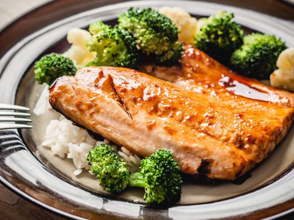 Steamed Salmon Served with Broccoli and Shallots