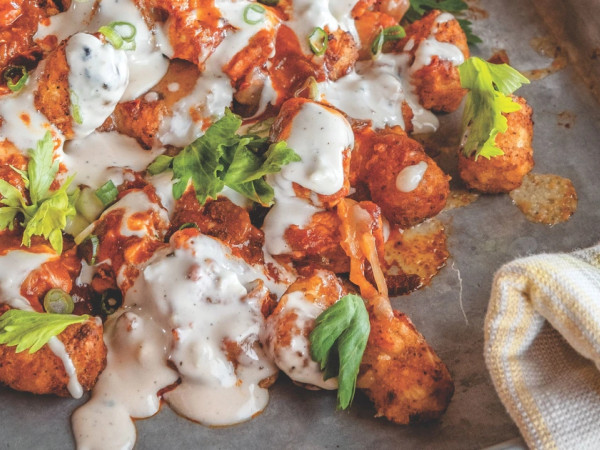 Buffalo Chicken Tater Tot Nachos via Air Fryer