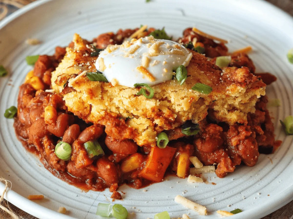 Veggie-Packed Chili Cornbread Bake
