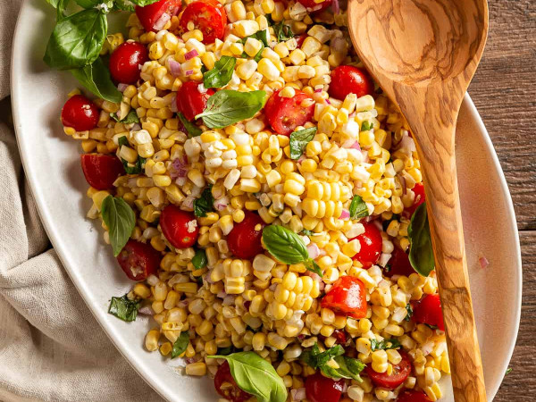 Tomato and Basil Salad with Sweet Corn and Cider Dressing