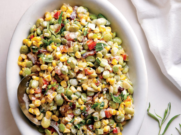 Succotash with a Creamy Twist: Bacon, Thyme, and Chives