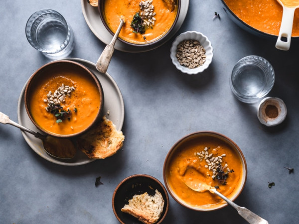 Hearty Soup Featuring Roasted Pumpkin, Sweet Potatoes, and Carrots