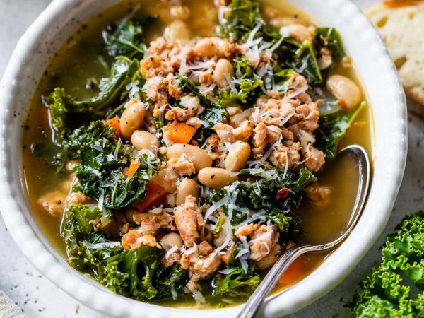 Hearty CSA Vegetable Soup with Kale, Chard, and Garlic Scapes