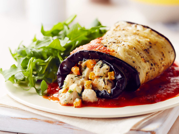 Eggplant Roll-Ups Accompanied by Bell Pepper Sauce