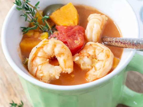 Hearty Sweet Potato Soup with Spicy Shrimp