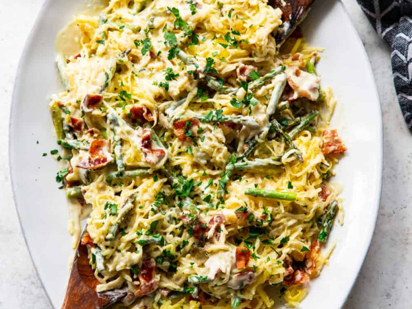 Spaghetti Squash Roasted to Perfection with Asparagus and Goat Cheese