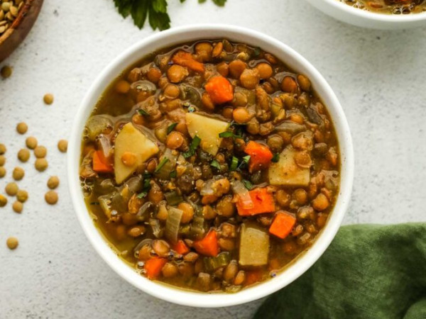 Hearty Lentil Soup with Goat Cheese and Arugula