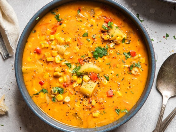 Savory Vegan Corn Chowder Cooked in a Slow Cooker