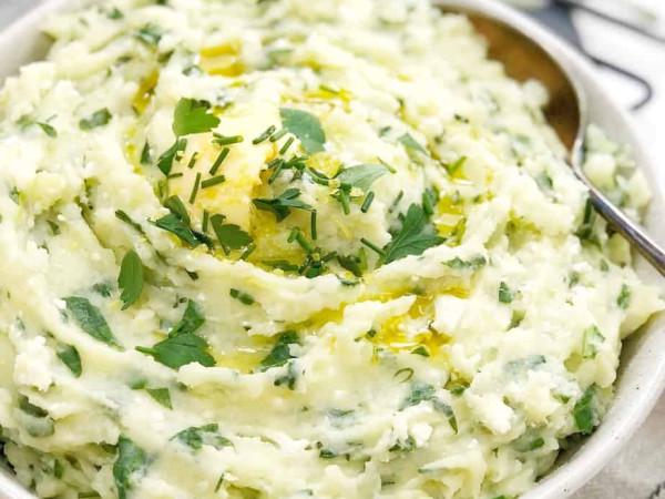 Mashed Potatoes Topped with Spinach Pesto