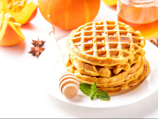 Waffles Made with Pumpkin and Spiced Maple Syrup
