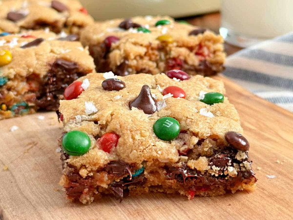 Chewy Monster Cookie Bars with Oats and Peanut Butter