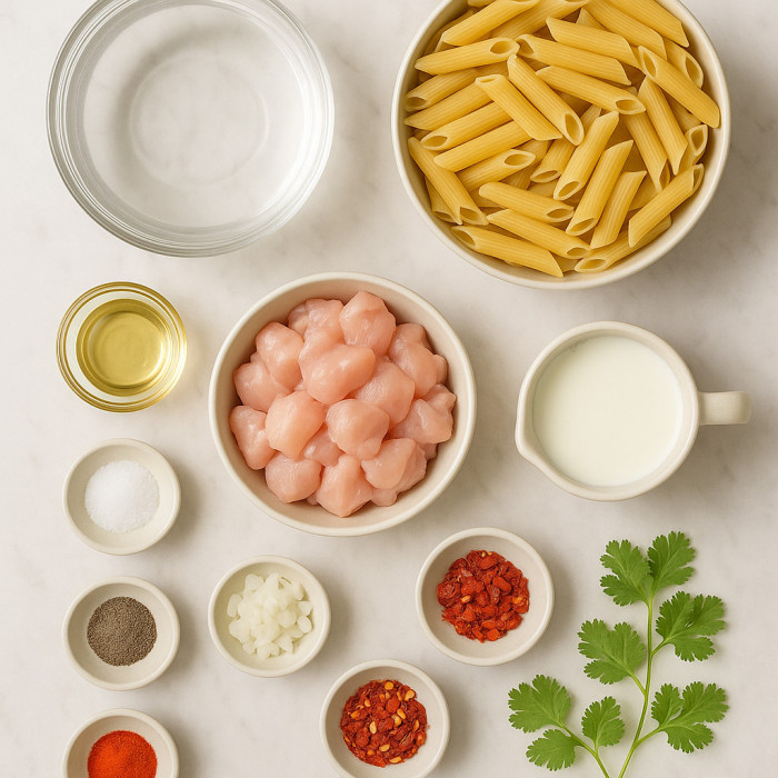 Delicious pasta in creamy white sauce ingredients